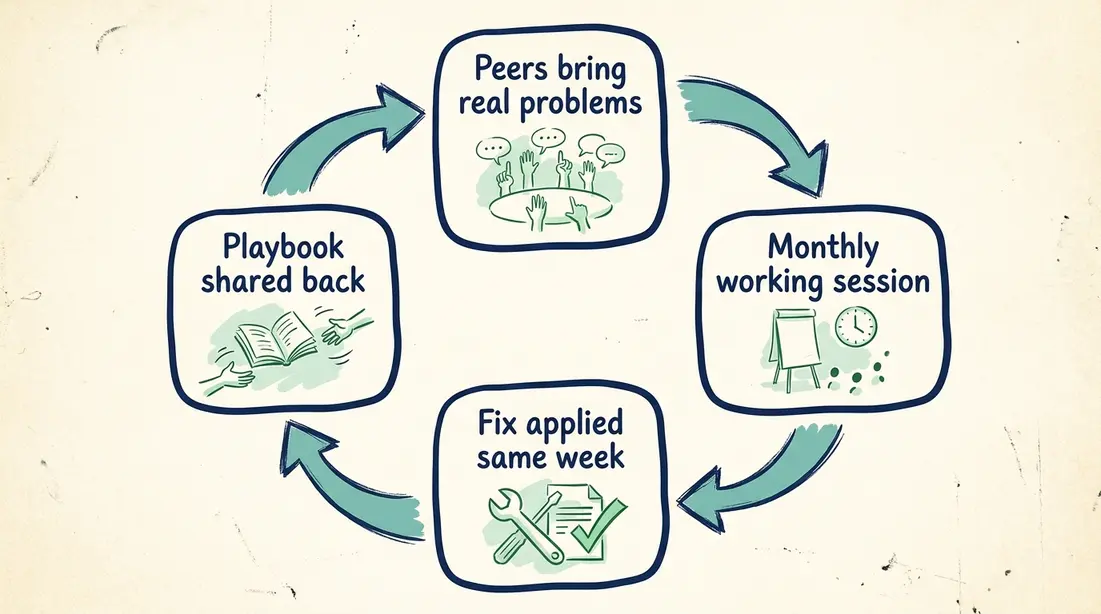 Multiplier-loop diagram: peers bring real problems, a monthly working session works them, the fix is applied the same week, and the playbook is shared back to the cohort.