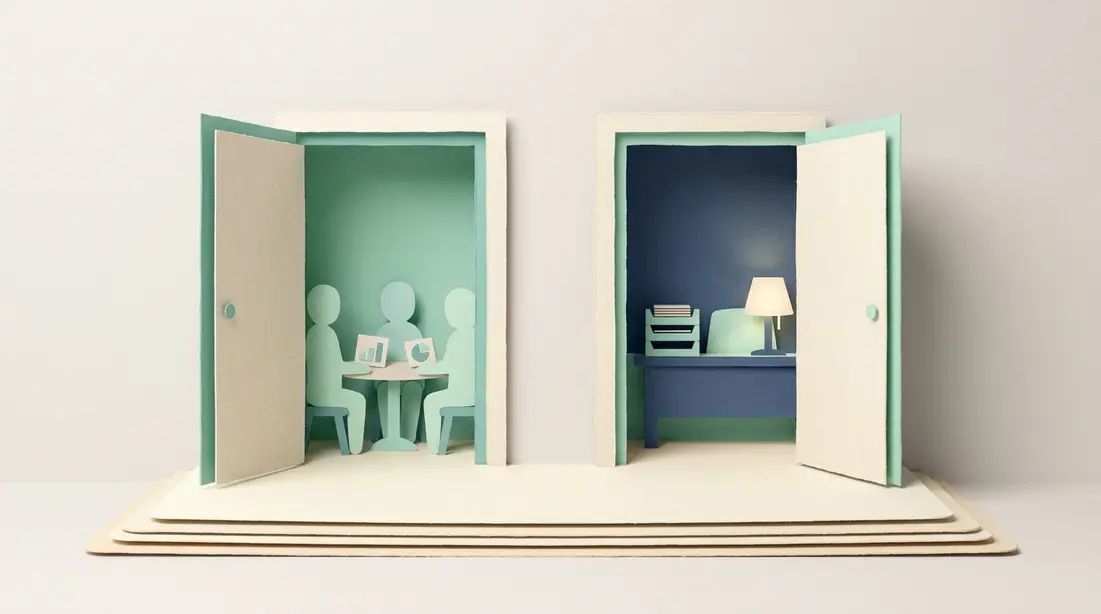 Paper-cutout illustration of two open doors on one shared foundation — through one, a small team works around a table with charts; through the other, a tidy back-office desk hums under a lamp.