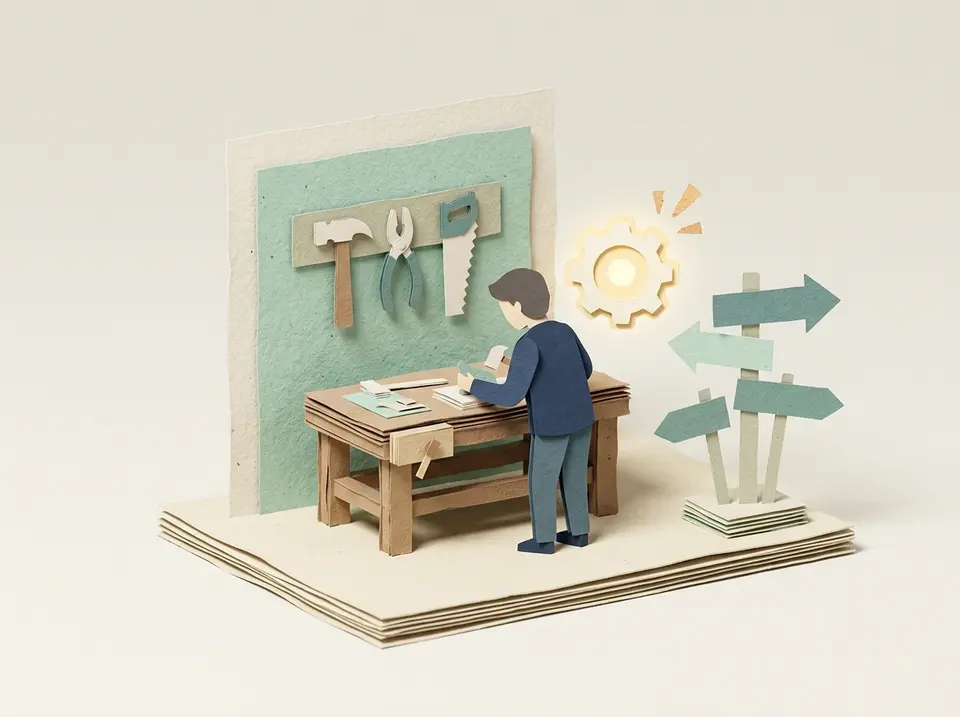 Paper-cutout illustration of a small workshop: one bench, one craftsperson, purpose-built tools on the wall, a friendly glowing gear for AI, and four small signposts.