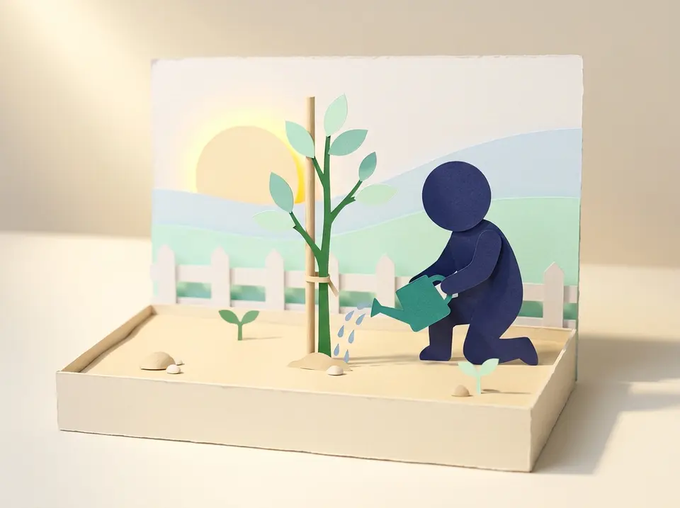 Paper-cutout diorama: a small paper figure kneels in a raised garden plot and waters a young staked sapling with a watering can, tiny seedlings sprouting beside it under a soft rising sun — AI adoption tended patiently through year one.