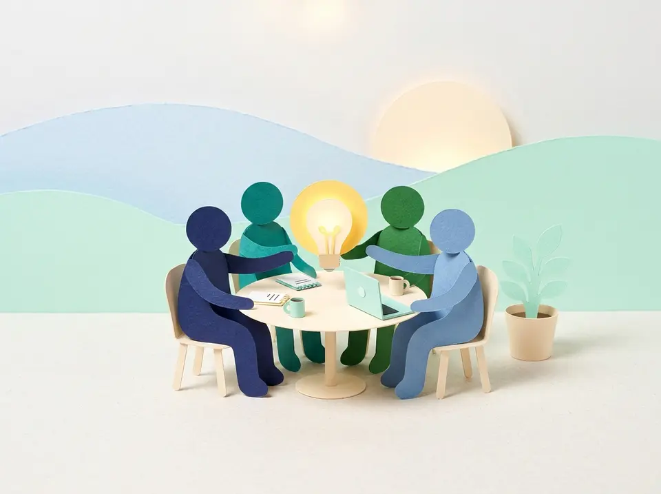 Paper-cutout diorama: four small paper figures sit close around a little round table, leaning in together over a glowing lightbulb and an open laptop — a small peer cohort solving a problem side by side.