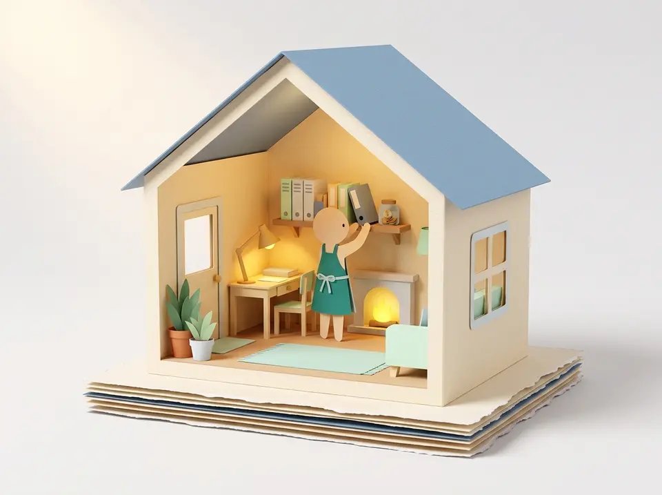 Paper-cutout diorama: a cozy little cross-section paper house on a stacked-paper base, where a caretaker figure keeps a warmly lit back office tidy — shelving neat ledgers and folders under a glowing desk lamp, a coin jar on the shelf, a small hearth lit — the back office run from the inside.