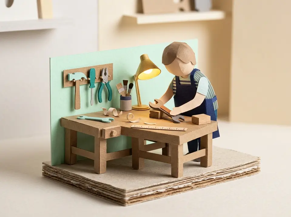 Paper-cutout diorama: a craft workbench on a stacked-paper base, where a maker figure shapes a small made-to-fit tool by hand under a warm work-lamp — hand tools on a rack, a ruler and curled offcuts on the bench — training built for you, by hand.