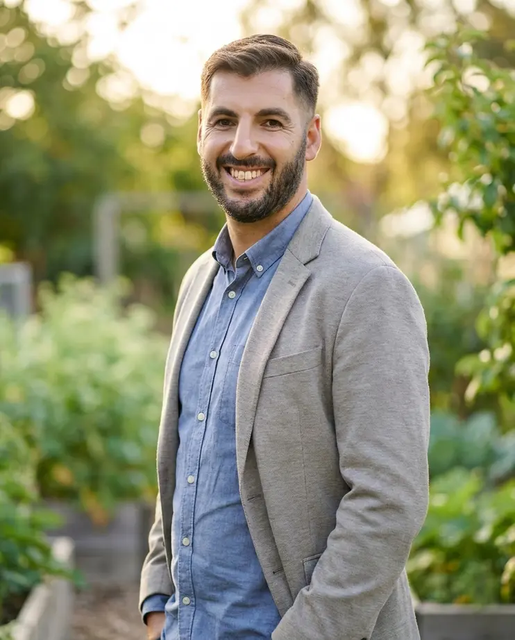 Greg Zatulovsky outdoors in a community garden, mid-conversation
