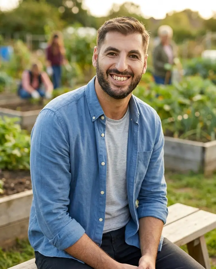 Greg Zatulovsky, CPA, seated outdoors in a bright community garden