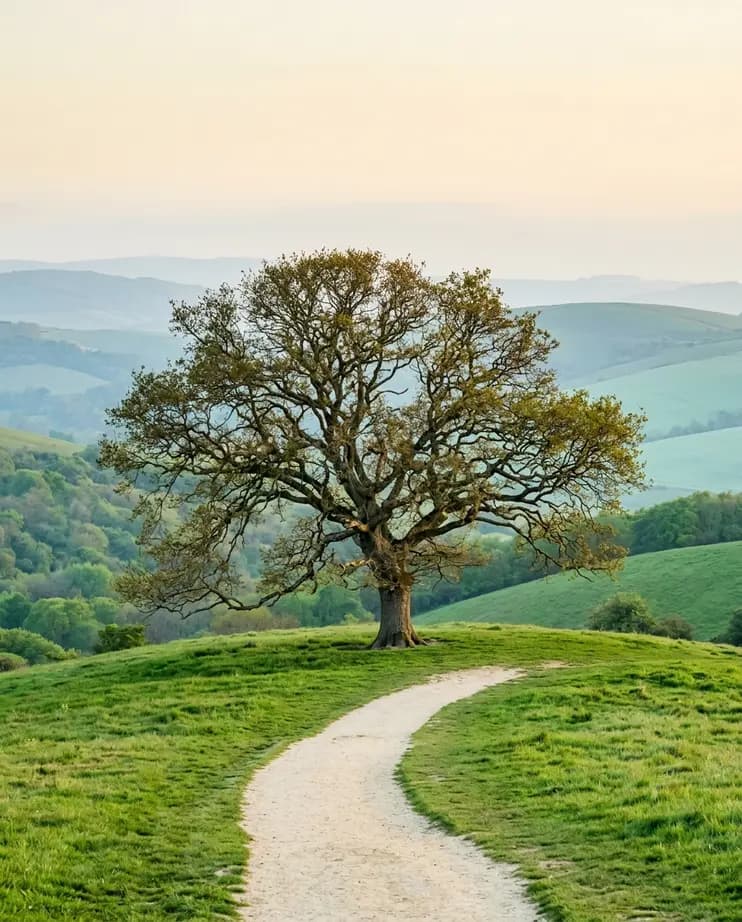 A lone broad oak on a green hillside in soft morning light, a calm sandy footpath curving up toward it through layered rolling hills.
