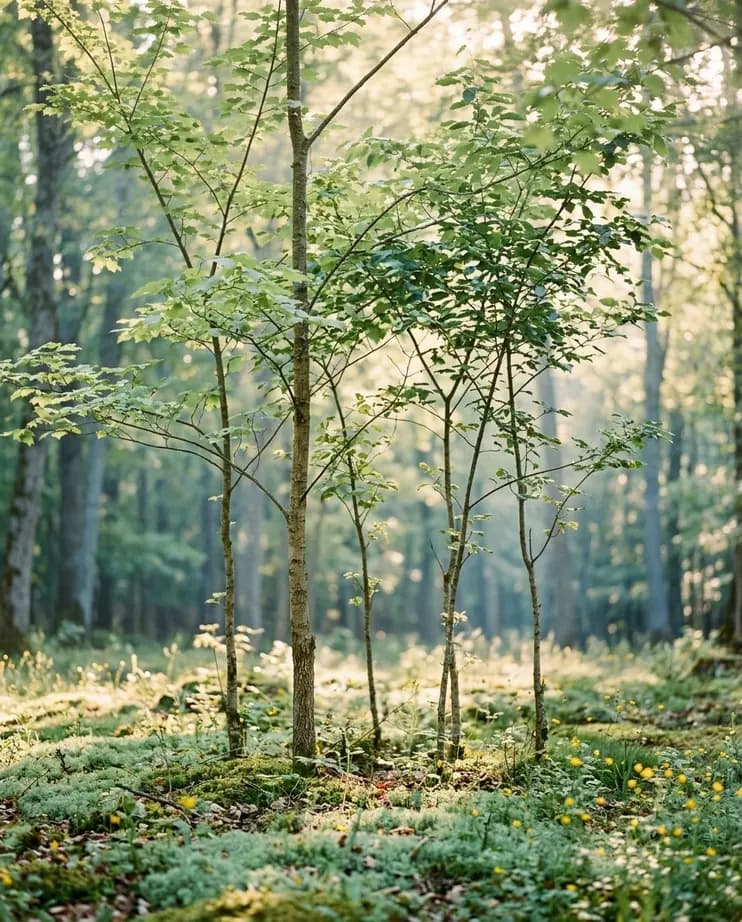 A close-growing grove of young saplings of similar height sharing the same warm dappled light in a sunlit forest clearing, wildflowers scattered across the mossy floor.
