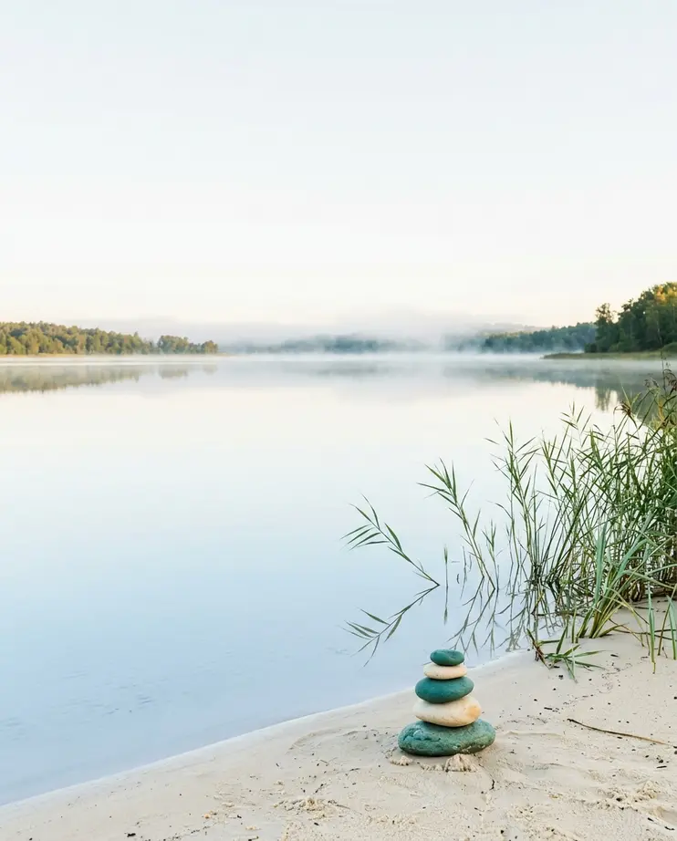 A still northern lakeshore in soft morning light, a small cairn of smooth balanced stones resting on the sand at the water's edge — calm and quietly in order.
