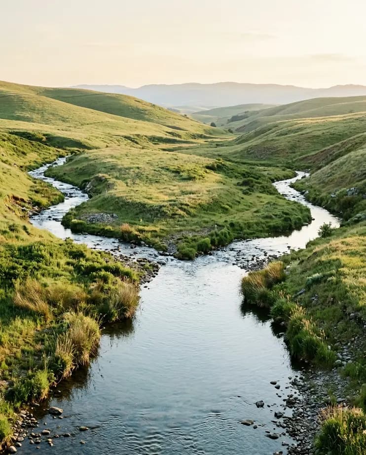 Three small clear streams flowing down through gentle green hills and converging into one calm, wide river in the foreground, under soft warm afternoon light.