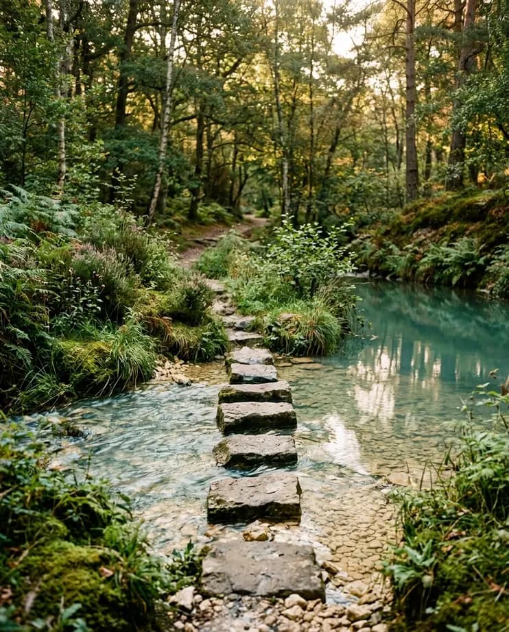 A line of flat stepping stones crossing a clear, calm woodland stream — a deliberate, checked path from one bank to the other.