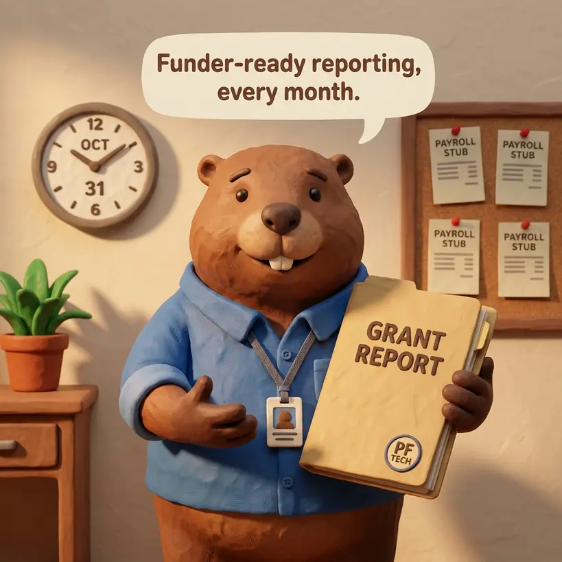 The Caring Beaver presenting a Grant Report folder — speech bubble: Funder-ready reporting, every month.