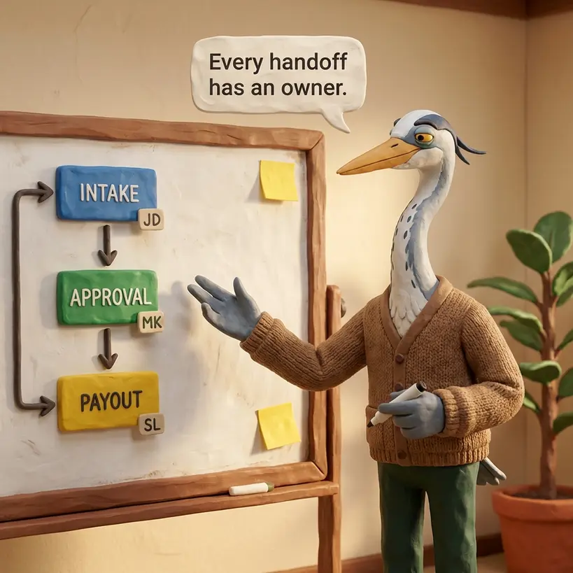 The Strategic Heron at a whiteboard with an Intake → Approval → Payout flowchart — speech bubble: Every handoff has an owner.